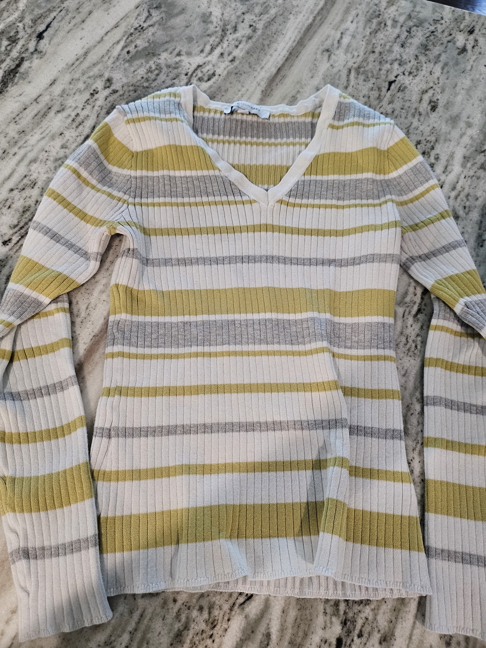 Striped V‑Neck Ribbed Sweater in White, Yellow-Green & Gray